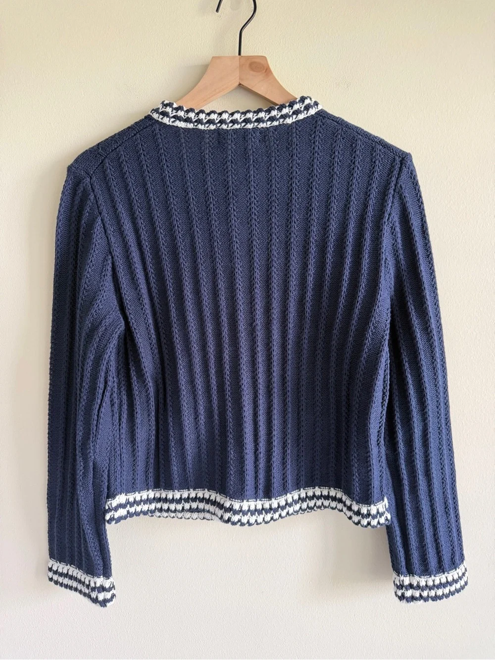J.Crew Crochet Lady Jacket Cardigan Navy Ivory Cotton Pointelle Sweater M